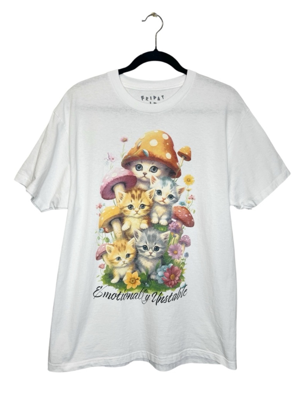 Emotionally Unstable Kittens and Mushroom Print 100% Cotton White Tee size Large